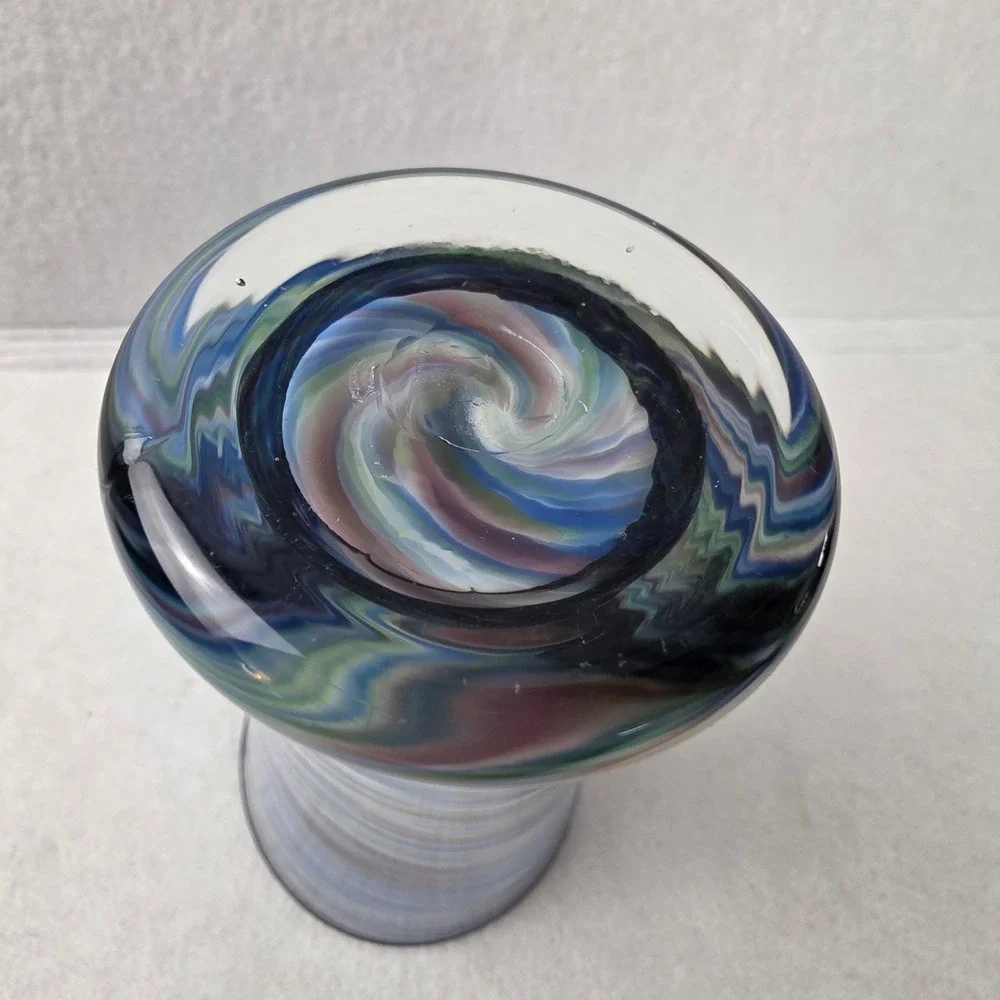 Hand Blown Art Glass Swirl Vase Blue Purple Green Marbled Tapered 7.25 inch